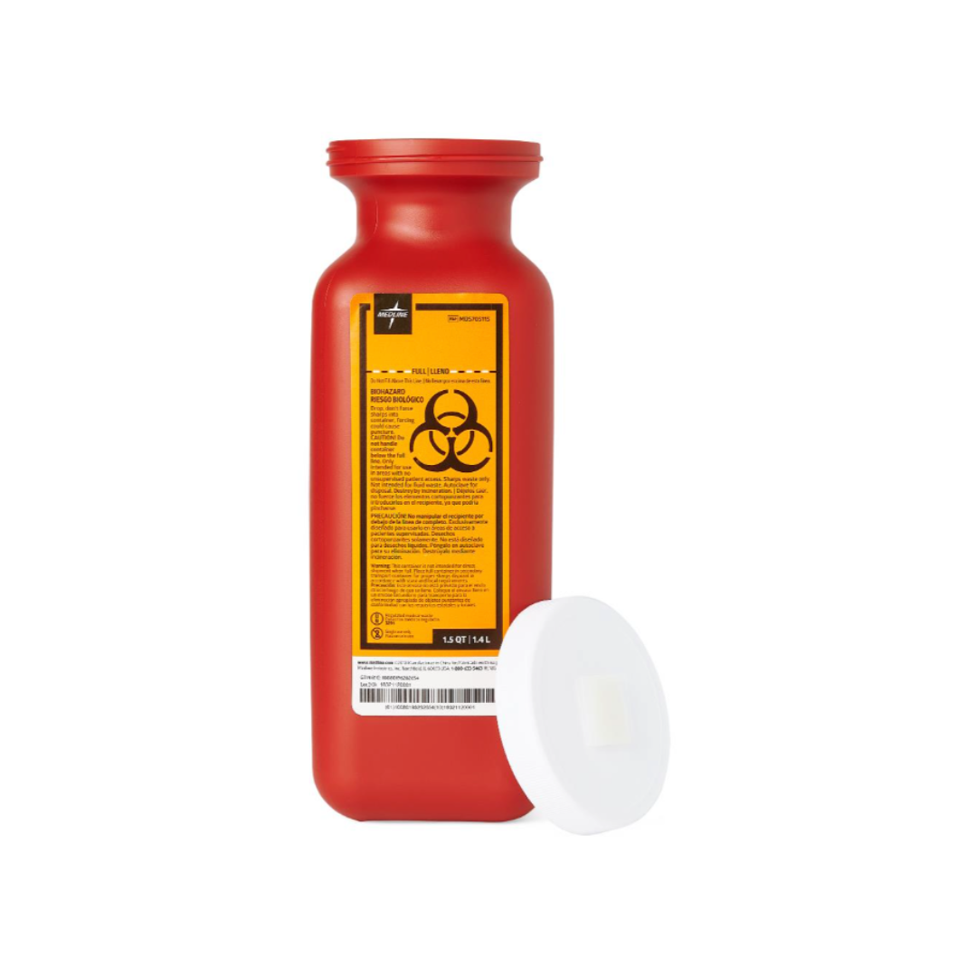 A Medline Multipurpose Sharps Container, red with a yellow biohazard label and text instructions, is shown with its white lid beside it. Designed for safe sharps disposal, all items are displayed on a plain white background.